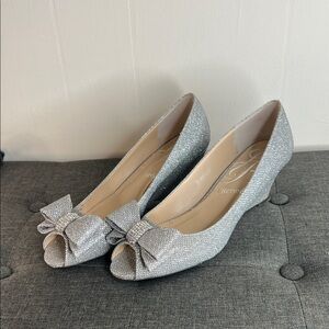 J.Renee Glittering Silver Wedge Shoes with Bow